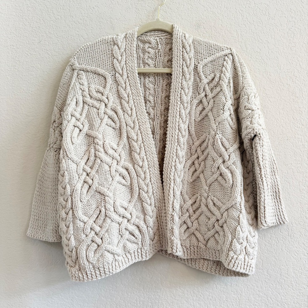 Chunky Cable Knit Open Front Cardigan Beige Cream‎ Oversized Boxy Sweater Womens - Picture 5 of 11